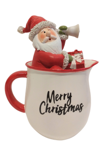 Santa in A Merry Christmas Mug with Christmas Gifts & Bell 7"x6" resin