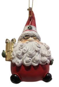 Santa Wearing Glasses Holding Christmas Gift Ornament 4"x2" resin