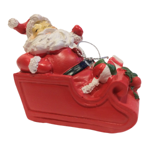 Santa in Red Sleigh Ornament with presents 3"x2.5" resin