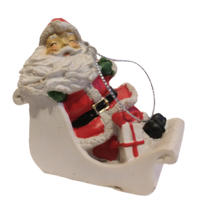 Santa in a White Sleigh Ornament with presents 3"x2.5" resin