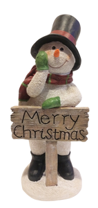 Snowman Figure with Black Hat/Red& Green Scarf with Merry Christmas Sign 12"x6" resin