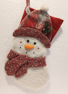 Snowman Stocking with Red Plaid hat/Scarf 19" Polyester & Cotton