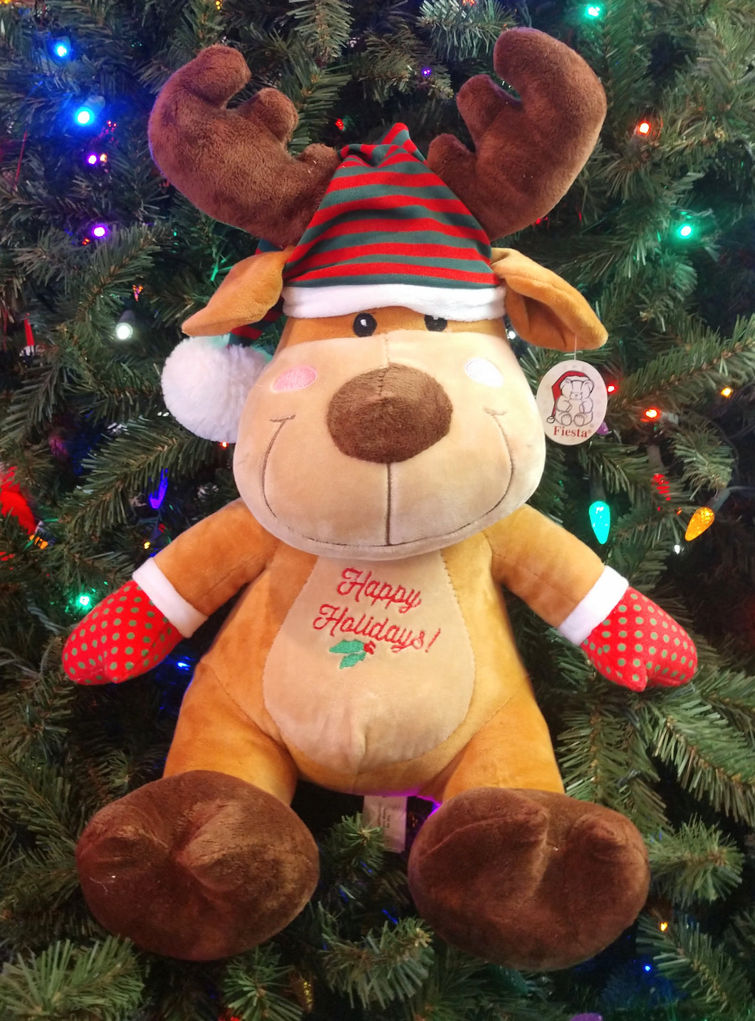 Plush Reindeer with Red/Green Hat - Happy Holidays- 17