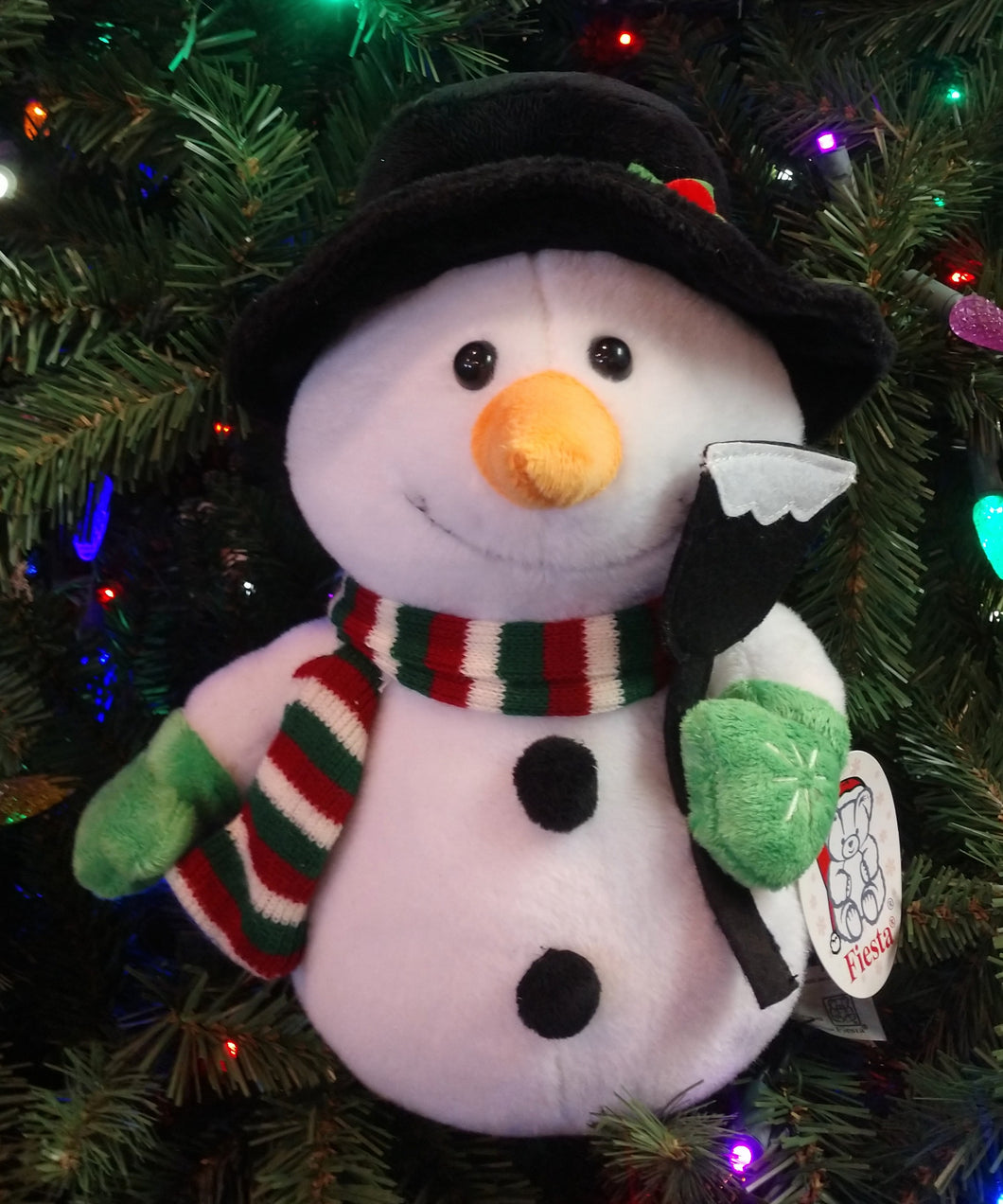 Plush Snowman with Black Hat & Shovel & Red/green/White Scarf  12