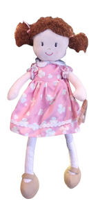 Plush Annie Rag Doll with Pink Flowered Dress & Pink Ribbons in Hair 20"