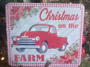 Wooden Square Ornament with Red Truck- Christmas On The Farm- 4"x4"
