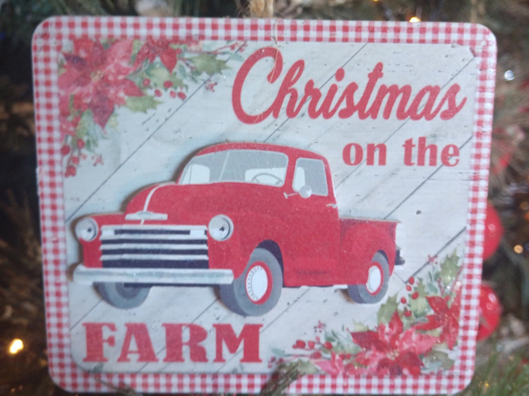 Wooden Square Ornament with Red Truck- Christmas On The Farm- 4