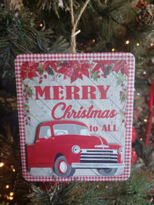 Wooden Square Ornament with Red Truck - Merry Christmas To All -  4"x4"