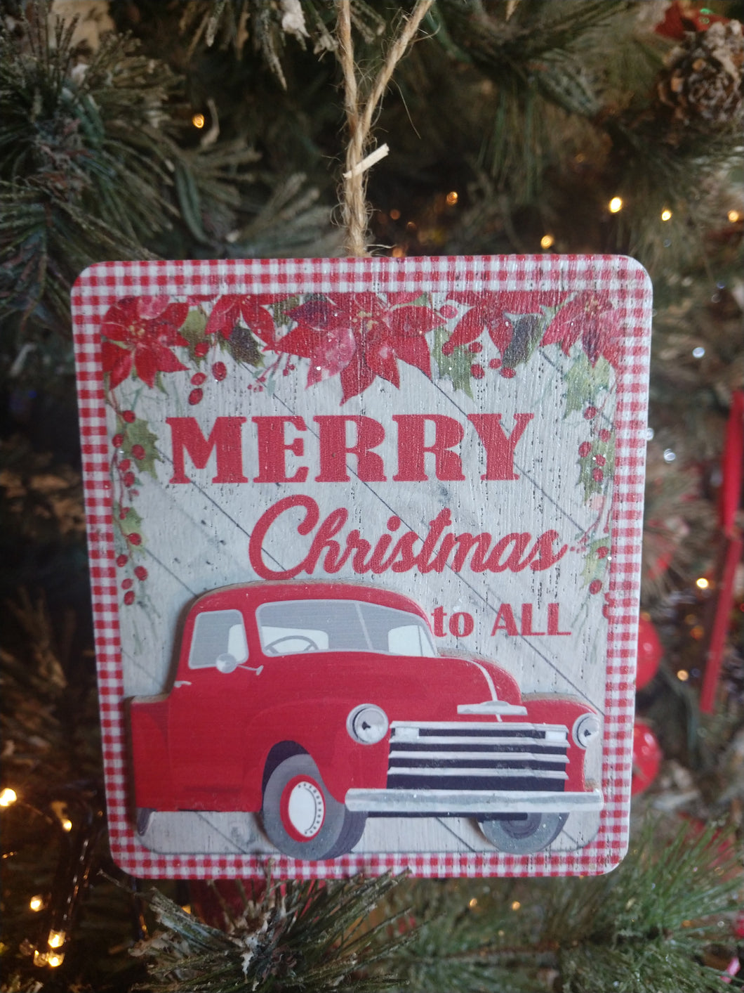 Wooden Square Ornament with Red Truck - Merry Christmas To All -  4