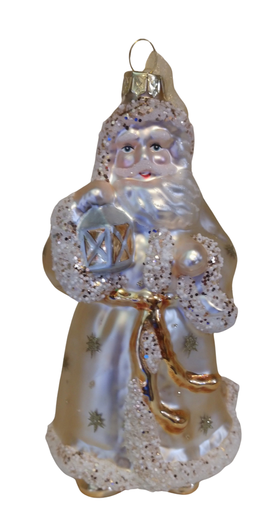 Glass Gold/White Santa Ornament with Lantern