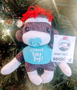 Plush Brown Sock Monkey with Blue Pacifier & Cutest Baby Boy on Bib 7"