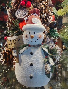 Snowman Figurine with Red Hat & Joy Sign/ Pine Cones/Greenery 7" Resin