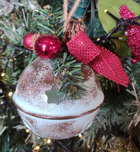 Grey Acrylic Bell ornament with Red Bow/Greenery/Pine Cones/Red Ornaments  4"