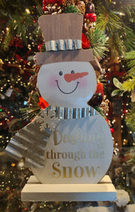 Wooden Snowman with Brown Hat/ Silver Scarf/White Snowflake - Dashing Through The Snow - 10"x5"