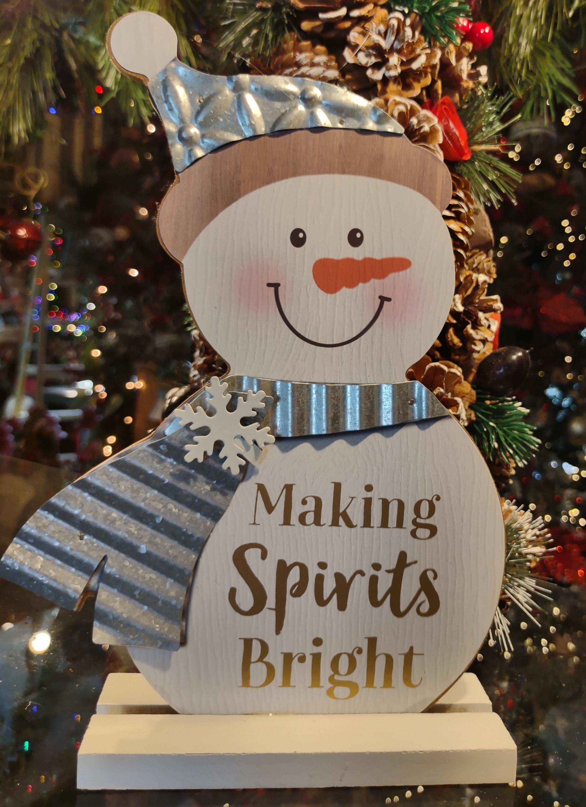 Wooden Snowman with Silver Hat/ Silver Scarf/White Snowflake