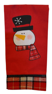 Red & Plaid Kitchen Towel with Snowman with Black Hat/Red Plaid Scarf 12"