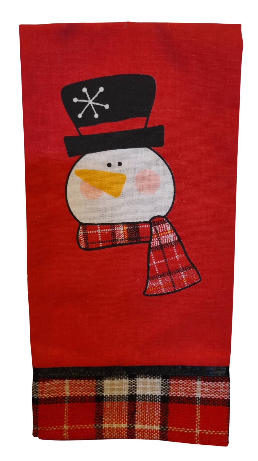 Red & Plaid Kitchen Towel with Snowman with Black Hat/Red Plaid Scarf 12