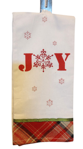 White Kitchen Towel with Red Snowflakes/ Plaid Trim - Joy - 12"
