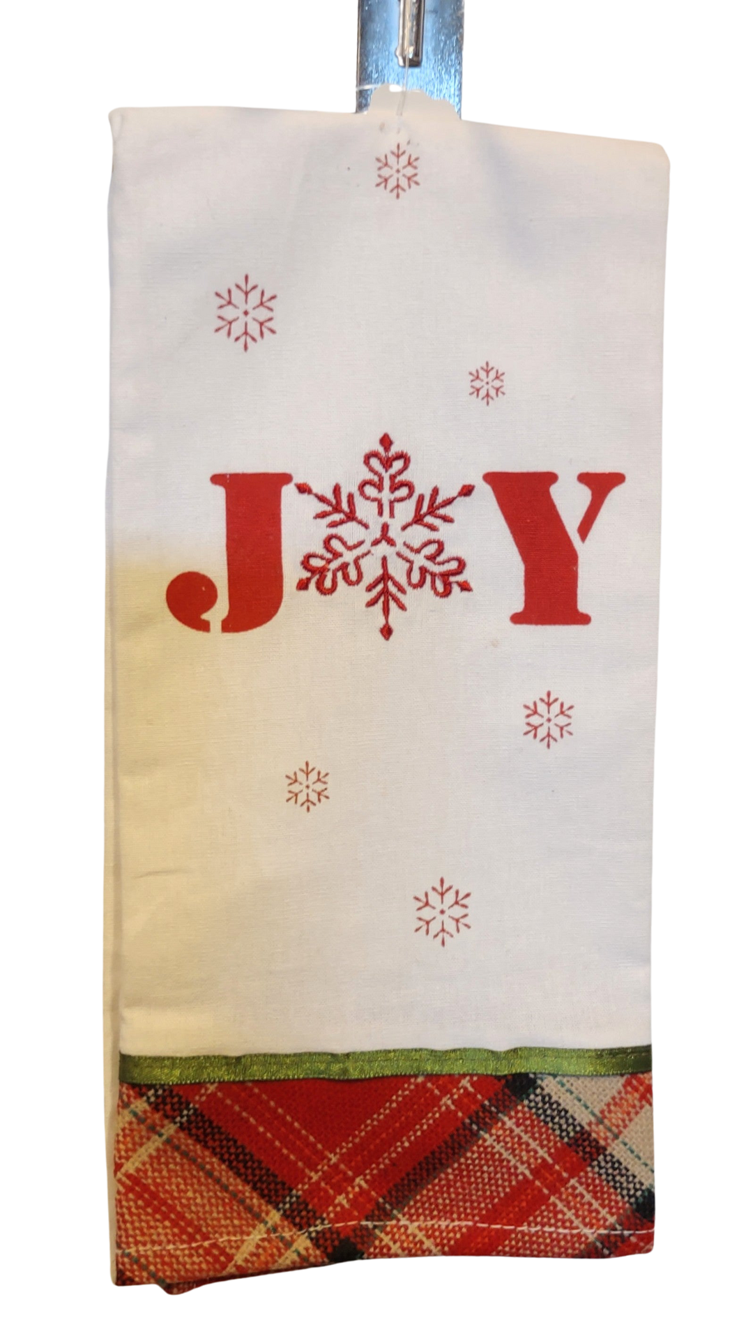 White Kitchen Towel with Red Snowflakes/ Plaid Trim - Joy - 12