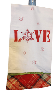 White Kitchen Towel with Red Snowflakes/ Plaid Trim - Love - 12"