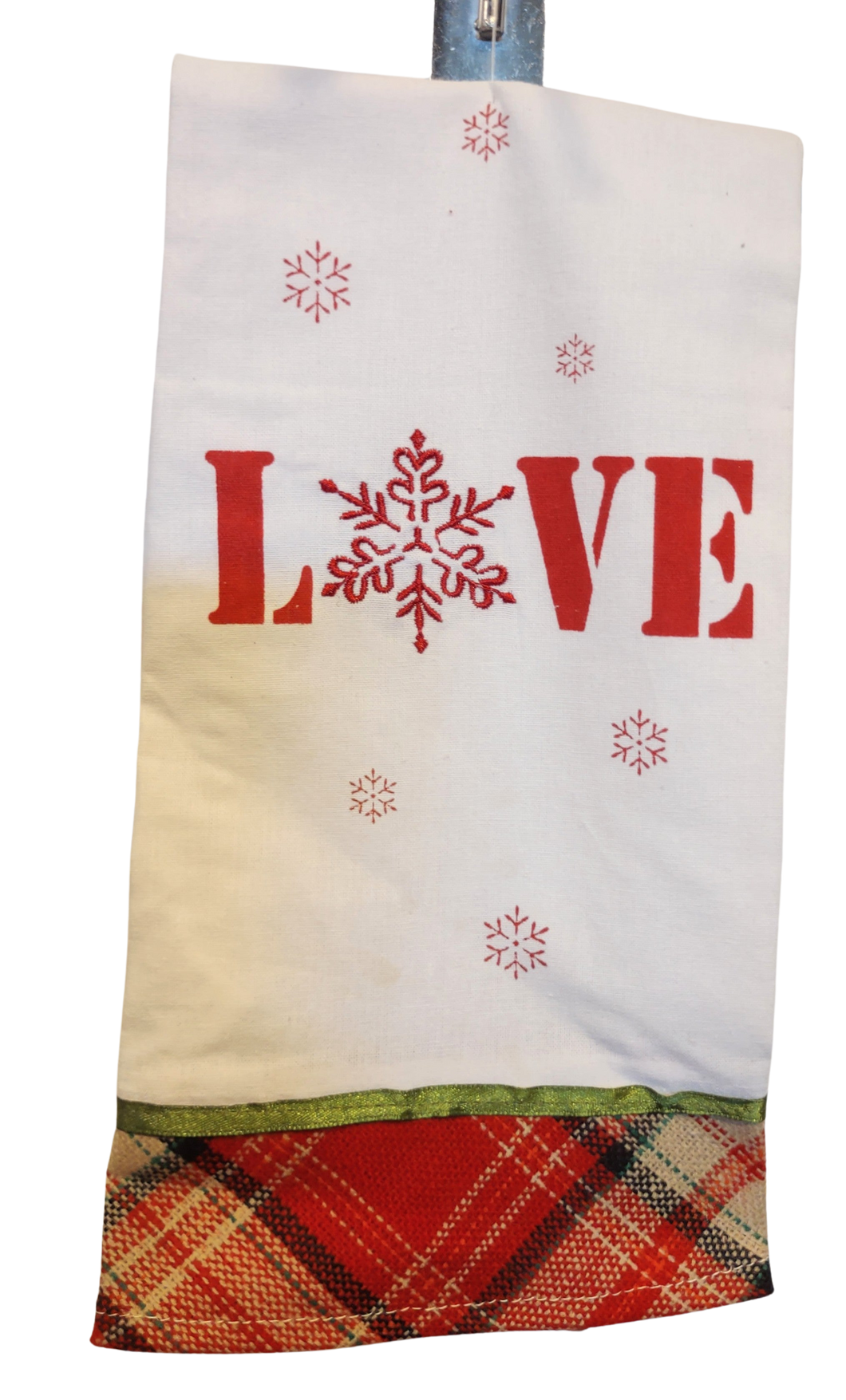 White Kitchen Towel with Red Snowflakes/ Plaid Trim - Love - 12
