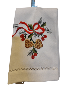 White Knitted Kitchen Towel with Red Ribbon/Red Berries/Pine Cones 12"