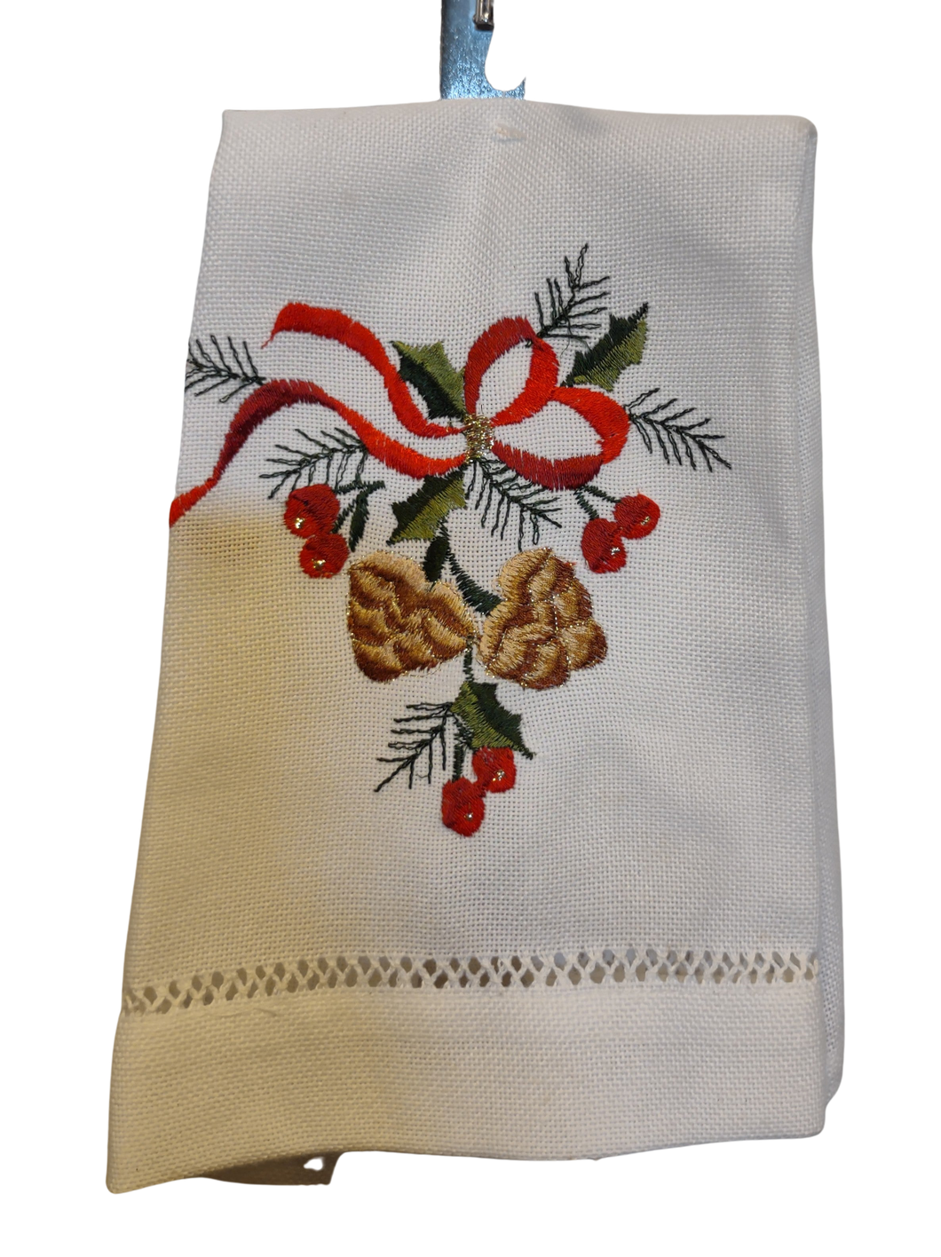 White Knitted Kitchen Towel with Red Ribbon/Red Berries/Pine Cones 12
