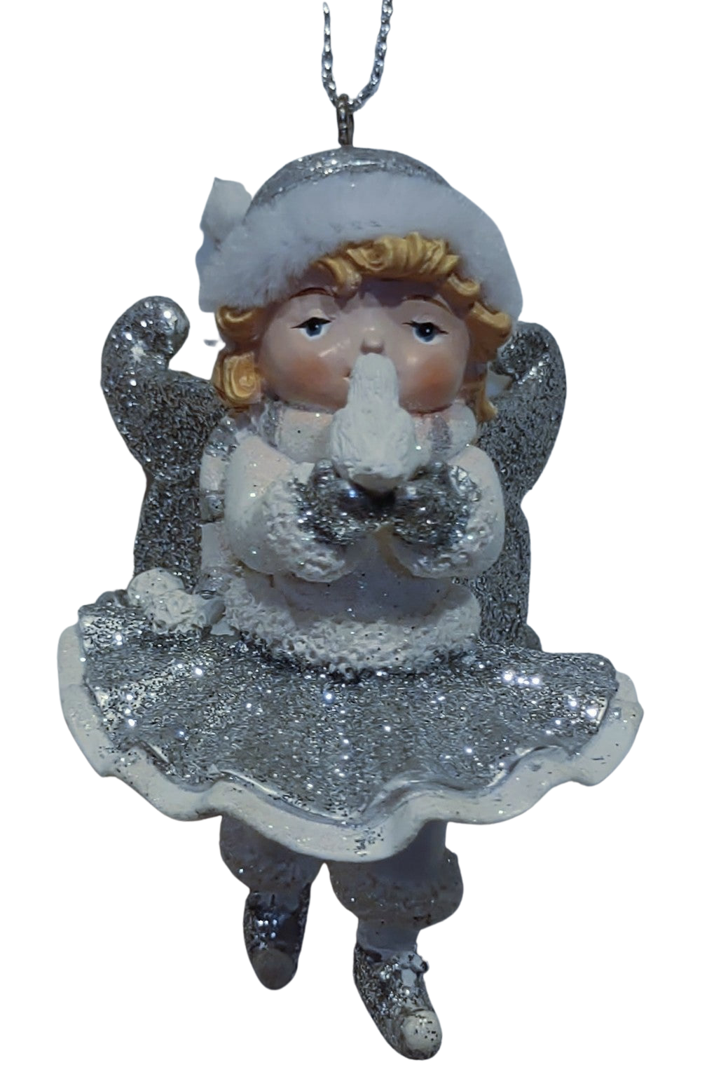 White/silver angel ornament holding white dove  3