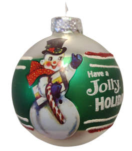 Glass Silver/Green/Red Ornament with Snowman - Have a Jolly Holiday  3"