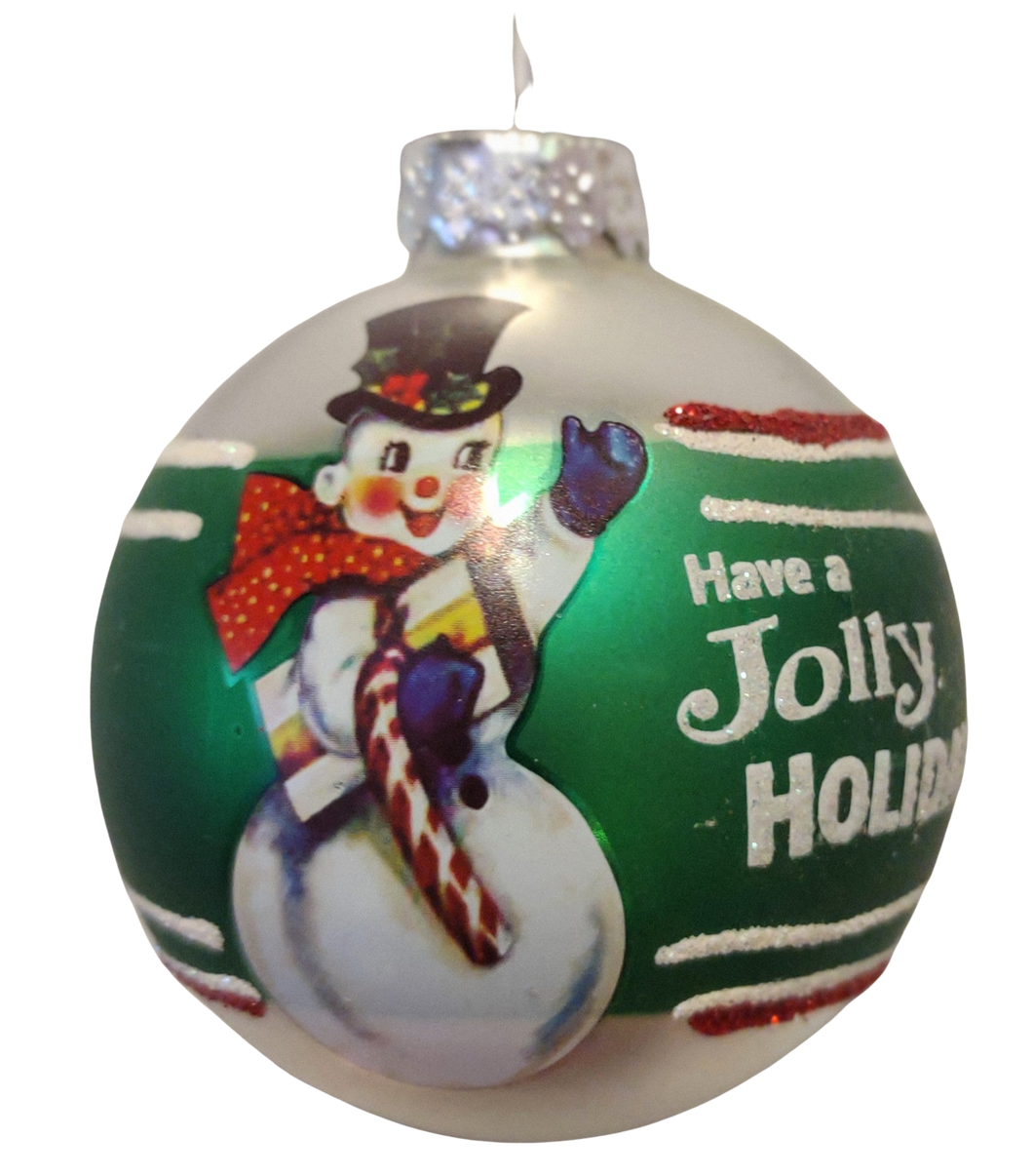 Glass Silver/Green/Red Ornament with Snowman - Have a Jolly Holiday  3