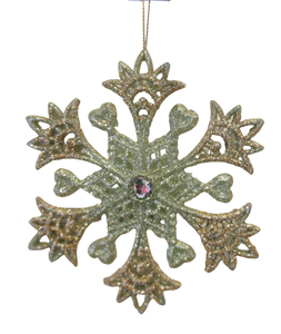 Green/Gold Snowflake Ornament with Crystal Gem 5" Resin