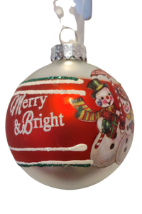 Glass Red/Silver Ornament with Snowmen - Merry & Bright- 3"