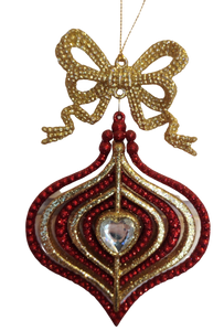 Acrylic Red/Gold Ornament with Gold Bow & Crystal Gem 5.5"