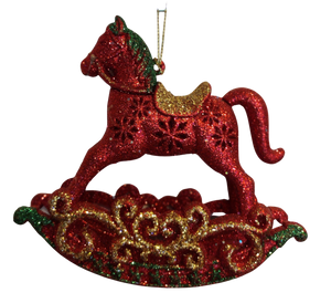 Acrylic Red/Gold/Green Rocking Horse Ornament with Glitter 4.5"x4.5"