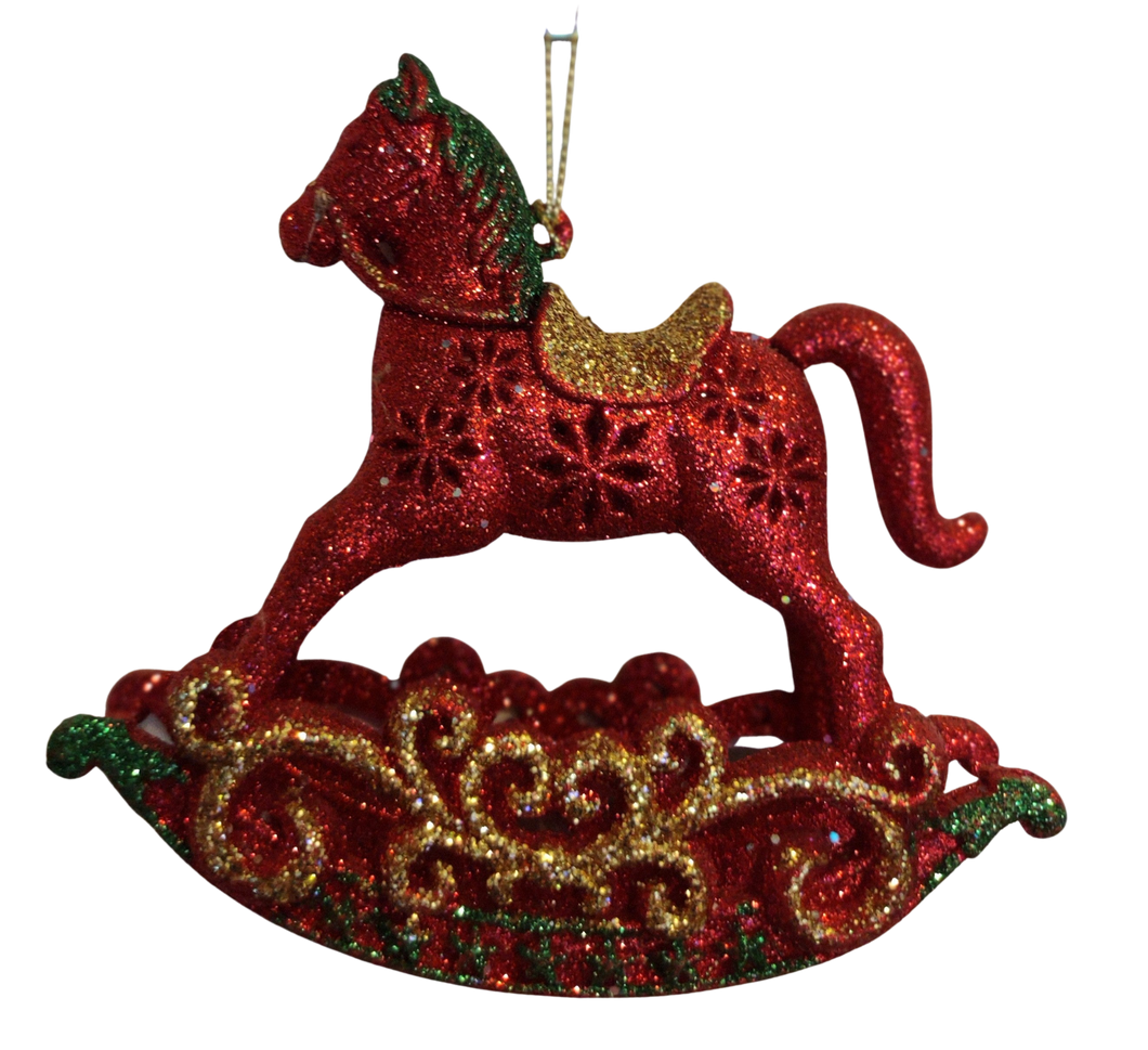 Acrylic Red/Gold/Green Rocking Horse Ornament with Glitter 4.5