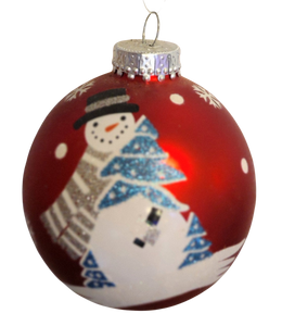 Glass Red Ornament with Snowflakes & Snowman with Tree/Black Hat/Grey& White Scarf 4"