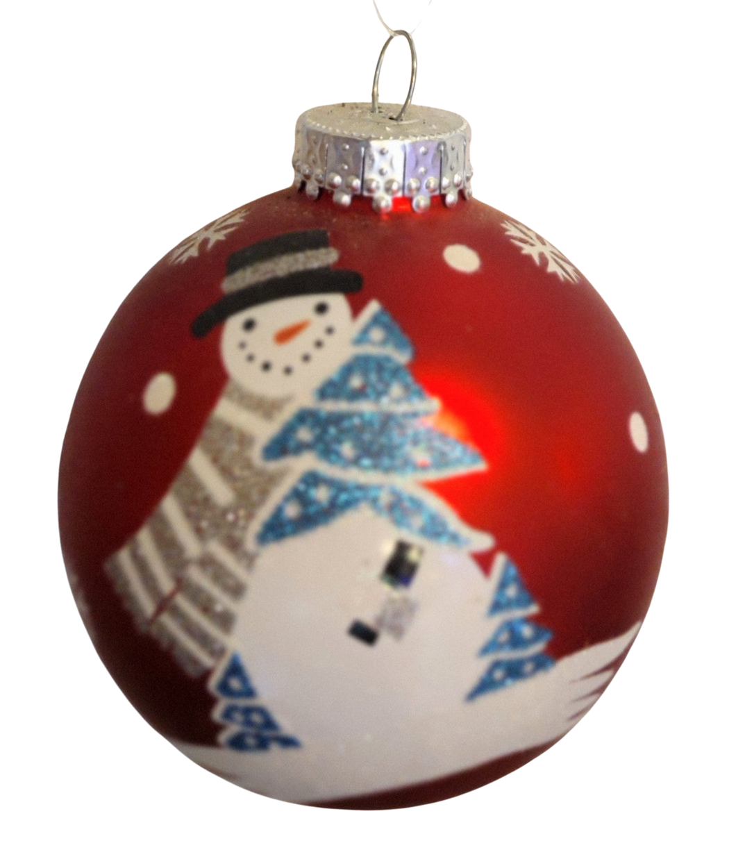 Glass Red Ornament with Snowflakes & Snowman with Tree/Black Hat/Grey& White Scarf 4