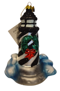 Glass Black & White Striped Lighthouse Ornament with Green Wreath/Red Bow 5"4"