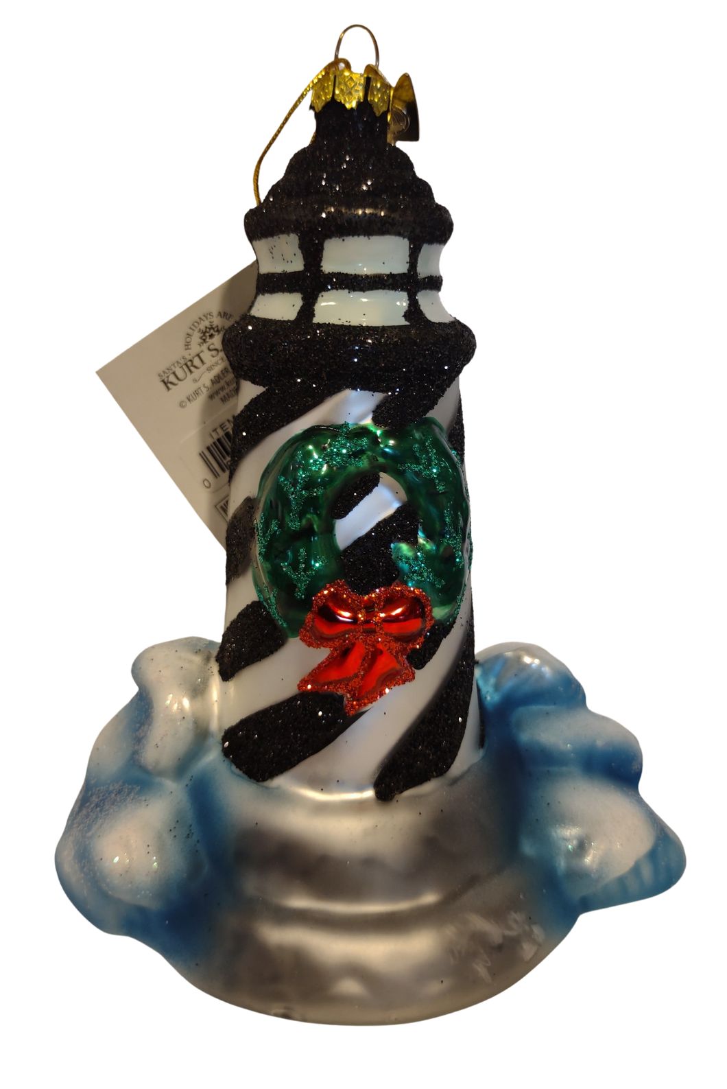Glass Black & White Striped Lighthouse Ornament with Green Wreath/Red Bow 5