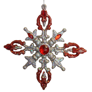 Acrylic Silver/Red Snowflake Ornament with Crystal Red Gems 6"
