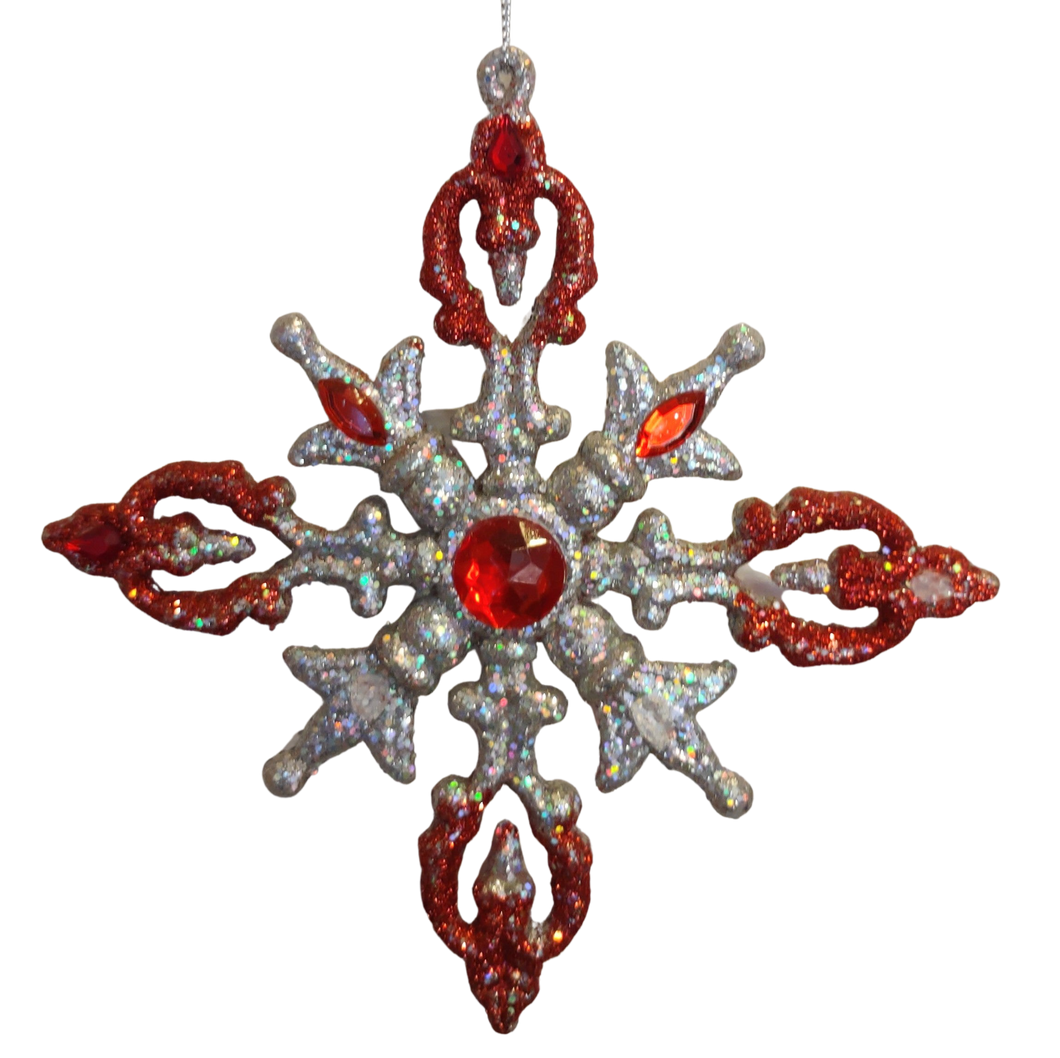 Acrylic Silver/Red Snowflake Ornament with Crystal Red Gems 6