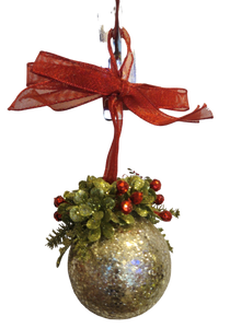 Acrylic Gold Sequin Ball Ornament with Red Bow/Mistletoe 6.5"