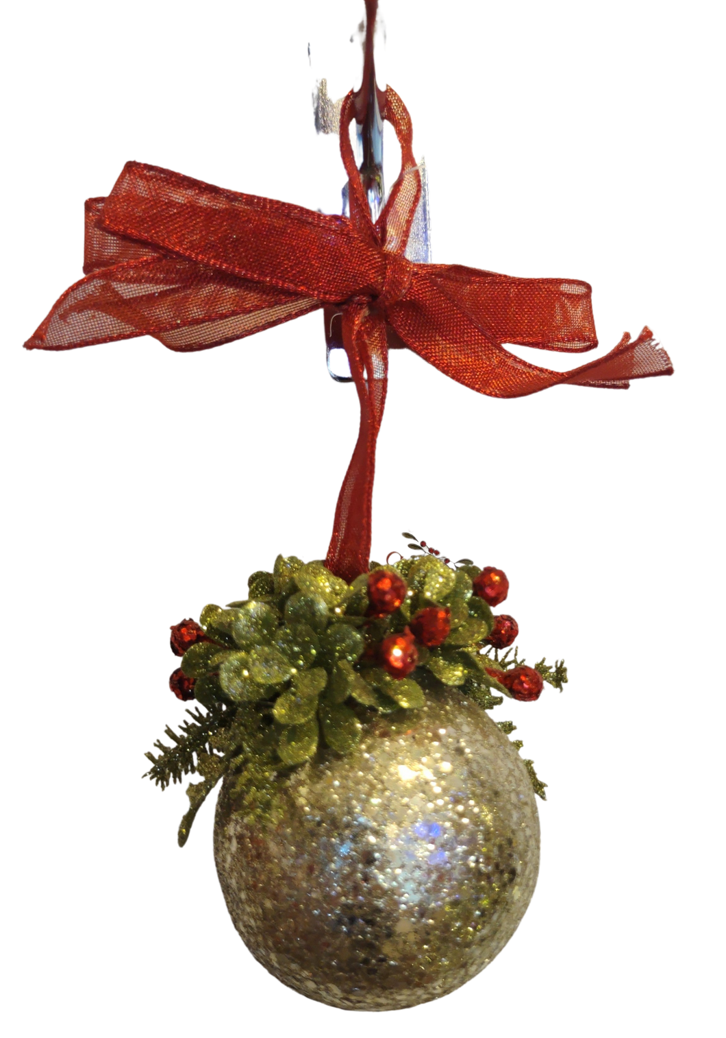 Acrylic Gold Sequin Ball Ornament with Red Bow/Mistletoe 6.5