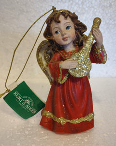 Red Angel Ornament with Gold Banjo/ Wings & Glitter 4"