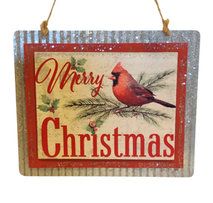 Metal & Wood Sign Ornament with Red Cardinal - Merry Christmas- 5"x4"