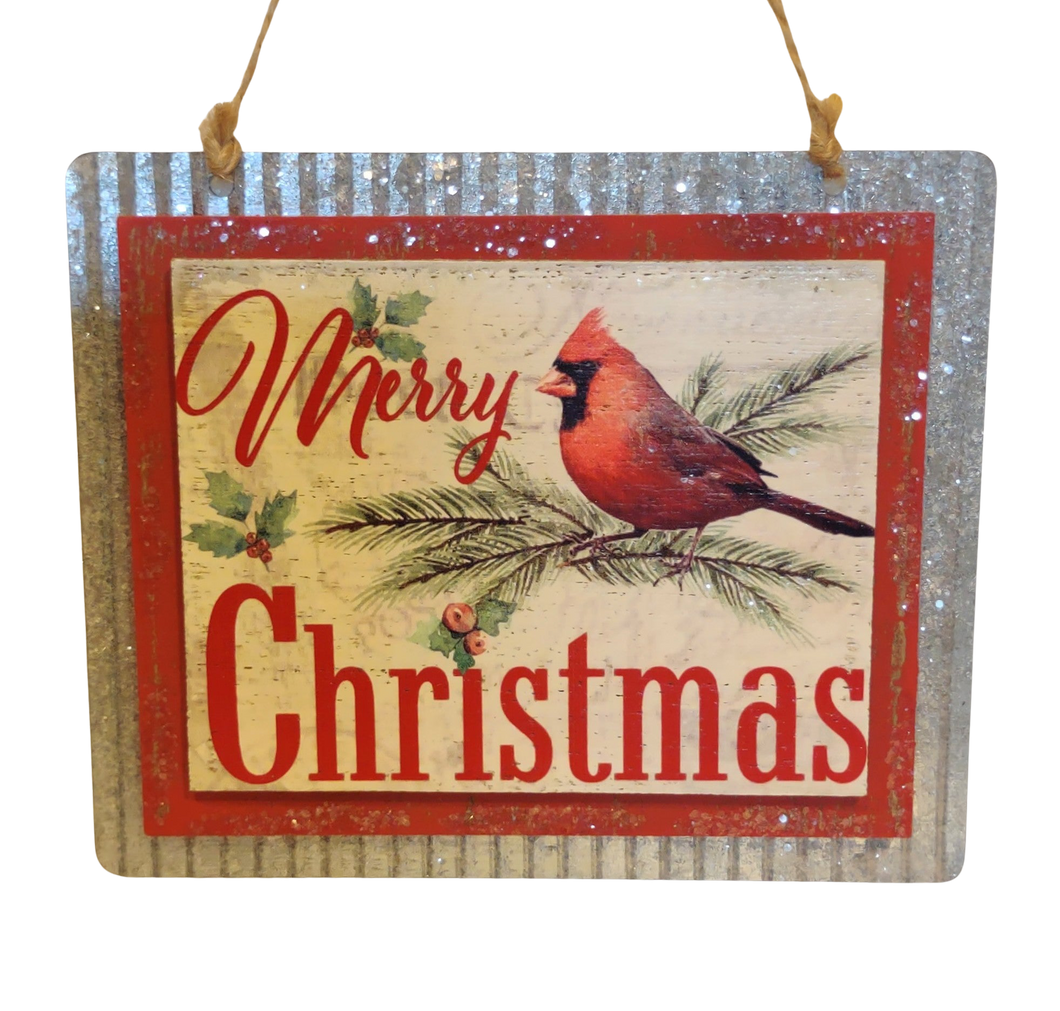 Metal & Wood Sign Ornament with Red Cardinal - Merry Christmas- 5