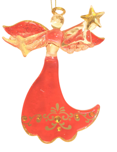 Glass Red/Gold Angel Ornament Holding Gold Star 5"