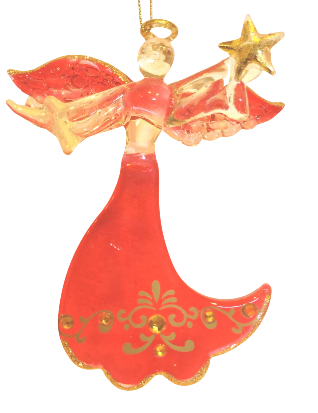 Glass Red/Gold Angel Ornament Holding Gold Star 5