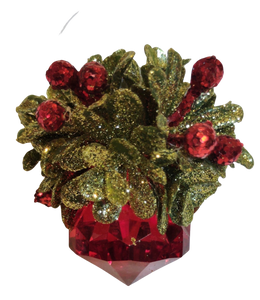 Acrylic Red Crystal Ornament with Greenery & Red Berries 2.5"