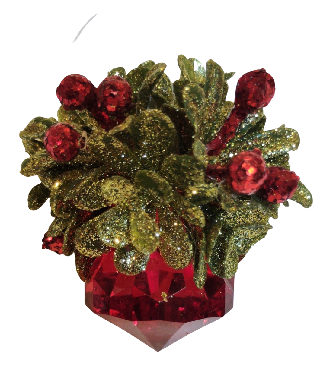 Acrylic Red Crystal Ornament with Greenery & Red Berries 2.5